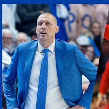 Kentucky basketball coach Mark Pope and Louisville basketball coach Pat Kelsey at the 2024 Battle of the Bluegrass game.
