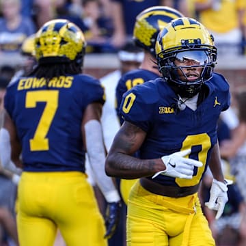 Michigan wide receiver Semaj Morgan (0) before the start of the game against Fresno State at Michigan Stadium in Ann Arbor on Saturday, Aug. 31, 2024.