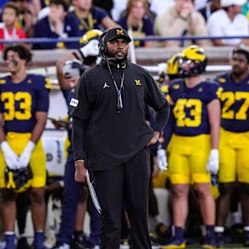 Michigan head coach Sherrone Moore looks up during the first half against Fresno State at Michigan Stadium at Michigan Stadium in Ann Arbor on Saturday, Aug. 31, 2024.