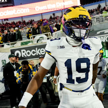 Michigan's quarterback Bryce Underwood takes the field before the game against Michigan State on Saturday, Oct. 25, 2025, at Spartan Stadium in East Lansing.