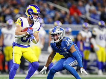 Detroit Lions cornerback Khalil Dorsey looks to tackle Rams punt returner Austin Trammell during the second half of the NFL wild-card playoff game at Ford Field in Detroit on Sunday, Jan. 14, 2024.