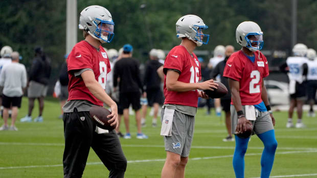 Detroit Lions quarterbacks Nate Sudfeld, Jared Goff and Hendon Hooker 