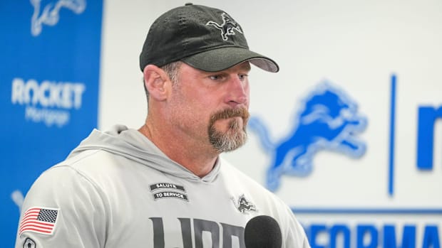 Detroit Lions head coach Dan Campbell speaks to members of the media at the Detroit Lions practice facility