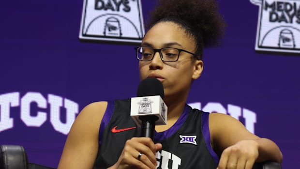 TCU's Olivia Miles speaks to media during Big 12 Womenís Basketball Media Day at T-Mobile Center