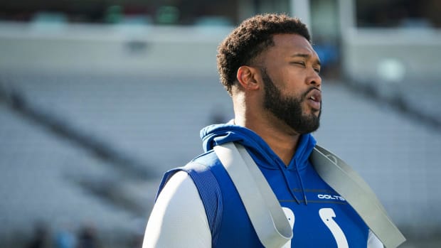 ndianapolis Colts defensive tackle DeForest Buckner (99) warms up before facing the Carolina Panthers