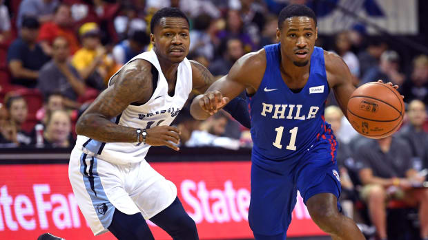 Jul 15, 2018; Las Vegas, NV, USA; Philadelphia 76ers guard Demetrius Jackson (11) dribbles past Memphis Grizzlies guard Brandon Goodwin (16) during the first half at Thomas & Mack Center. Mandatory Credit: Stephen R. Sylvanie-USA TODAY Sports