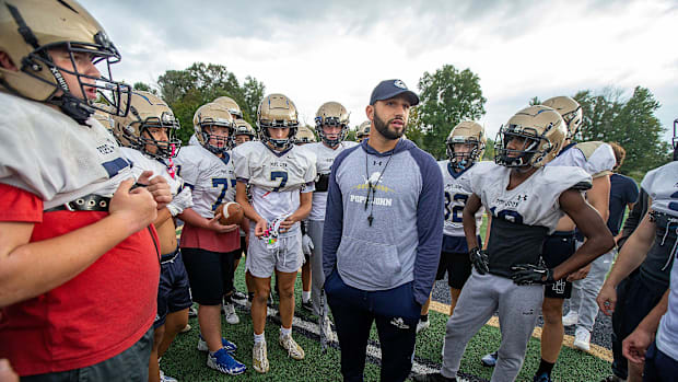 Pope John head football coach Dom Gaston leads football practice at Pope John XXIII Regional High School in Sparta, NJ Tuesda