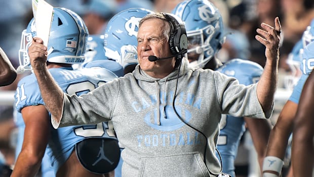 Bill Belichick puts his hands up in exasperation during the game against TCU.