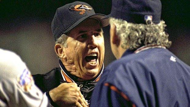 Baltimore Orioles manager Davey Johnson argues a call with an umpire.