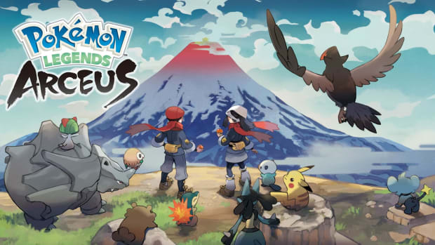 Key art for Pokemon Legends: Arceus, showing the main characters and a host of different Pokemon looking at Mt. Coronet