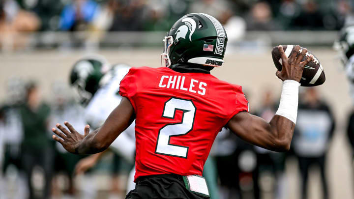 Michigan State's Aidan Chiles throws a pass during the Spring Showcase on Saturday, April 20, 2024, at Spartan Stadium in East Lansing.