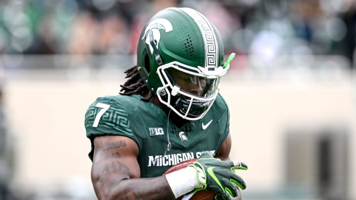 Michigan State's Jordan Turner participates in a drill during the Spring Showcase on Saturday, April 20, 2024, at Spartan Stadium in East Lansing.