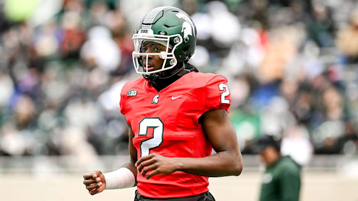 Michigan State's Aidan Chiles looks to the sideline during the Spring Showcase on Saturday, April 20, 2024, at Spartan Stadium in East Lansing.