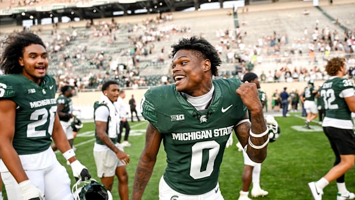 Michigan State's Charles Brantley celebrates after the win over Prairie View A&M on Saturday, Sept. 14, 2024, at Spartan Stadium in East Lansing.