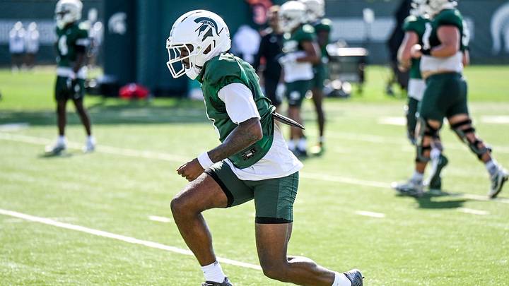 Michigan State's Omari Kelly runs a drill during football practice on Monday, Aug. 11, 2025, in East Lansing.