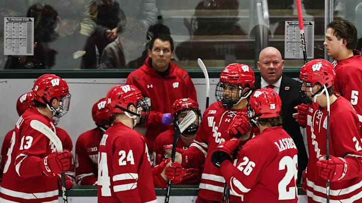 Wisconsin hockey coach Mike Hastings, right, coaches his Badgers against MSU, Thursday, Jan. 2, 2024, at Munn Ice Arena. MSU won 4-3.