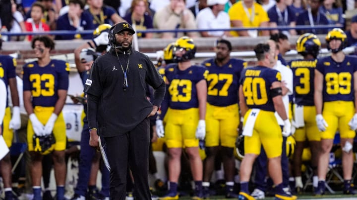 Michigan head coach Sherrone Moore looks up during the first half against Fresno State at Michigan Stadium at Michigan Stadium in Ann Arbor on Saturday, Aug. 31, 2024.