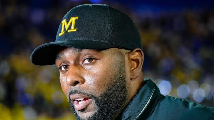 Michigan head coach Sherrone Moore speaks to the media after defeating Fresno State, 30-10, at Michigan Stadium in Ann Arbor on Saturday, Aug. 31, 2024.