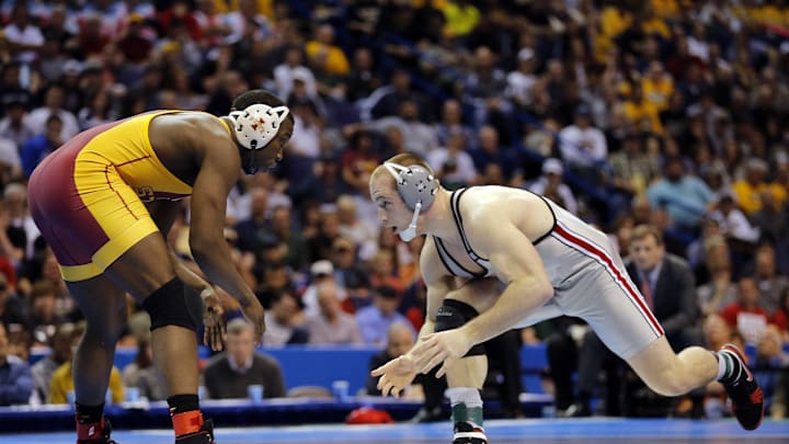 Ohio State's Kyle Snyder wrestles Iowa State's Kyven Gadson for the 197-pound title during the final round of the NCAA Div. I wrestling championship at the Scottrade Center in St. Louis on March 21, 2015. Snyder lost by pin.