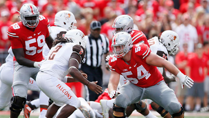 Ohio State Buckeyes offensive lineman Billy Price (54) blocks Bowling Green Falcons linebacker Trenton Greene (2) during the NCAA football game at Ohio Stadium on Sept. 3, 2016. Ohio State won 77-10. (Adam Cairns / The Columbus Dispatch)

Osu16bg Xtra Ac 55