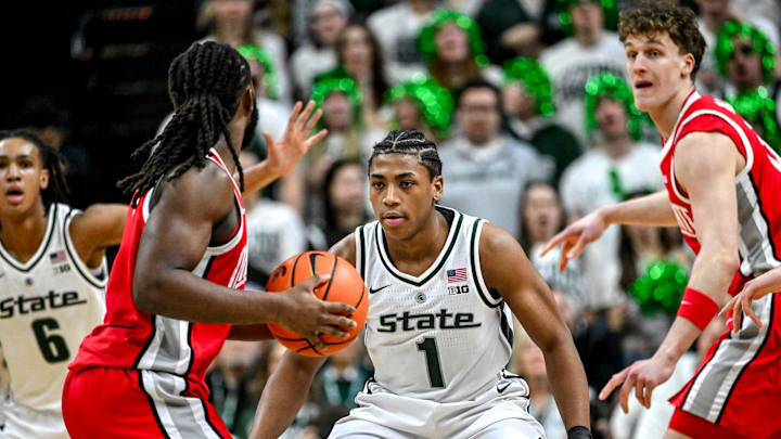 Michigan State's Jeremy Fears Jr., right, guards Ohio State's Amare Bynum during the first half on Sunday, Feb. 22, 2026, at the Breslin Center in East Lansing.