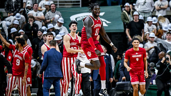 Indiana's Oumar Ballo, center, and the rest of the team celebrates a victory over Michigan State on Tuesday, Feb. 11, 2025, at the Breslin Center in East Lansing.