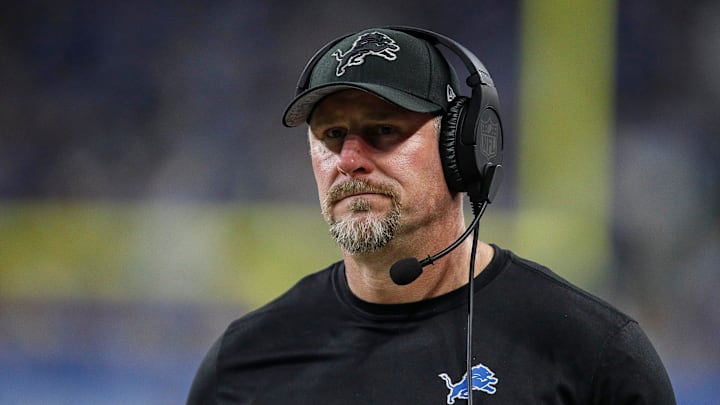 Detroit Lions head coach Dan Campbell walks down the sideline during the first half of the NFC wild-card game against Los Angeles Rams at Ford Field in Detroit on Sunday, Jan. 14, 2024.