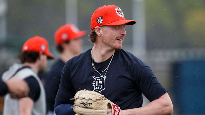 Detroit Tigers pitcher Shelby Miller throws during spring training at TigerTown in Lakeland, Fla. on Saturday, Feb. 17, 2024.
