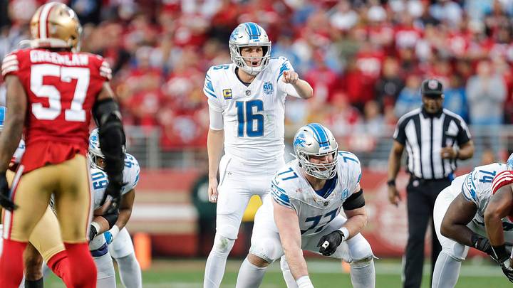 Detroit Lions quarterback Jared Goff (16) talks to center Frank Ragnow (77) before a snap against San Francisco 49ers during the first half of the NFC championship game at Levi's Stadium in Santa Clara, Calif. on Sunday, Jan. 28, 2024.