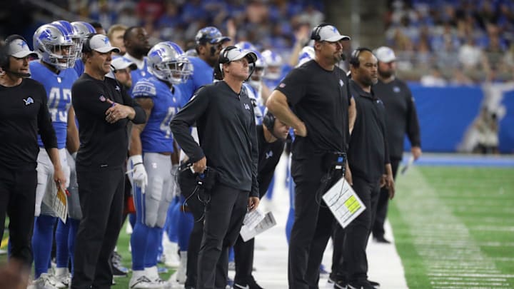 Lions offensive coordinator Ben Johnson, left, and head coach Dan Campbell on the sidelines during the second half of the Lions' 27-23 preseason loss to the Falcons on Friday, Aug. 12, 2022 at Ford Field.

Lions Atl