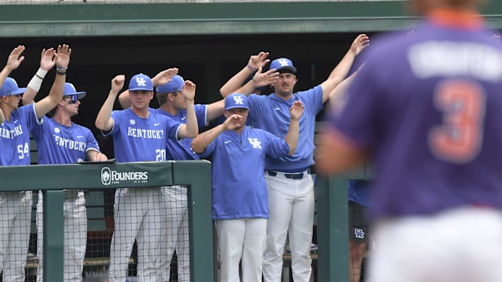 University of Kentucky players wave between innings playing Clemson during the bottom of the fourth inning at the NCAA baseball Clemson Regional at Doug Kingsmore Stadium in Clemson, S.C. Sunday, June 1, 2025.