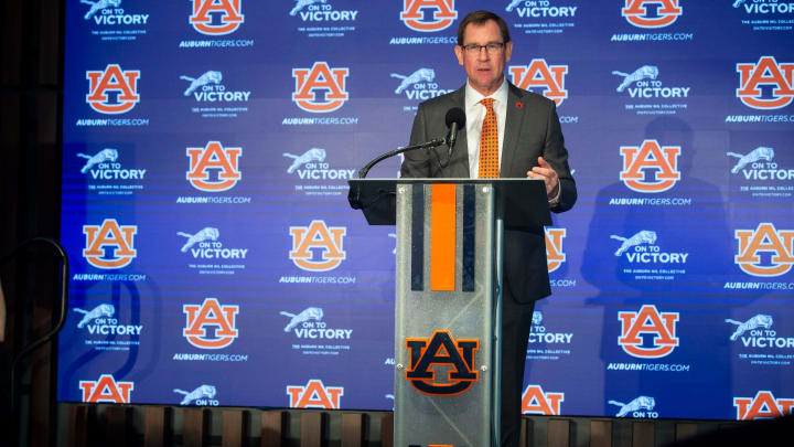 Auburn athletic director John Cohen introduces Auburn Tigers football coach Hugh Freeze at the Woltosz Football Performance Center in Auburn, Ala., on Tuesday, Nov. 29, 2022