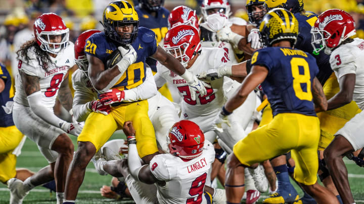 Michigan running back Kalel Mullings (20) runs during the 1st half against Fresno State at Michigan Stadium at Michigan Stadium in Ann Arbor on Saturday, Aug. 31, 2024.