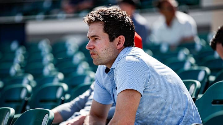 Detroit Tigers president of baseball operations Scott Harris watches live batting practice during spring training at TigerTown in Lakeland, Fla. on Friday, Feb. 23, 2024.