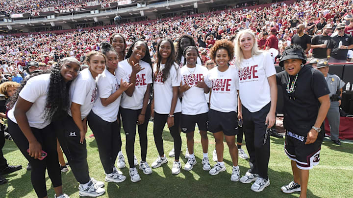 South Carolina basketball coach Dawn Staley and her team were honored during halftime of Saturday's football game