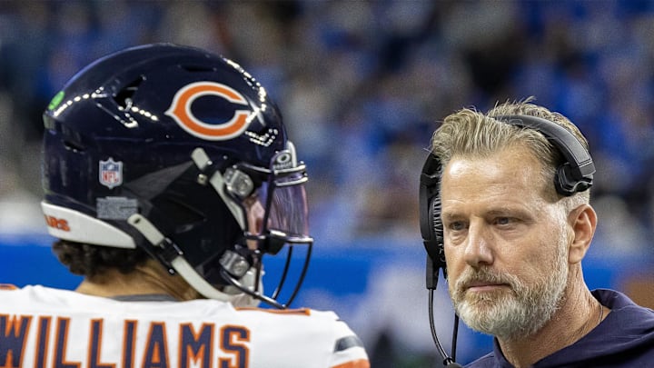 Nov 28, 2024; Detroit, Michigan, USA; Chicago Bears head coach Matt Eberflus talks to quarterback Caleb Williams (18) on the sidelines during the second half against the Detroit Lions at Ford Field. Mandatory Credit: David Reginek-Imagn Images