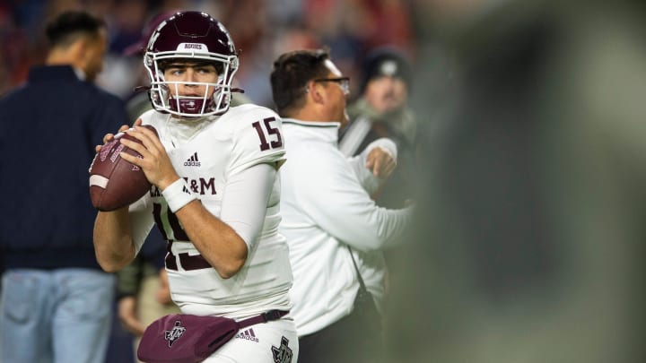 Texas A&M Aggies quarterback Conner Weigman (15) warms up before Auburn Tigers take on Texas A&M at Jordan-Hare Stadium in Auburn, Ala., on Saturday, Nov. 12, 2022.