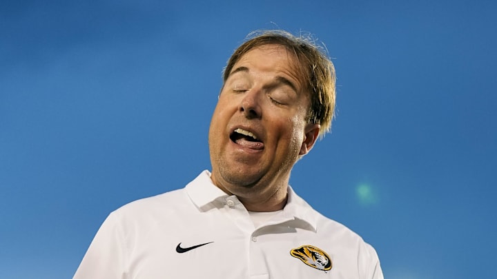 Sep 21, 2024; Columbia, Missouri, USA; Missouri Tigers head coach Eliah Drinkwitz reacts after defeating the Vanderbilt Commodores in double overtime at Faurot Field at Memorial Stadium. Mandatory Credit: Jay Biggerstaff-Imagn Images