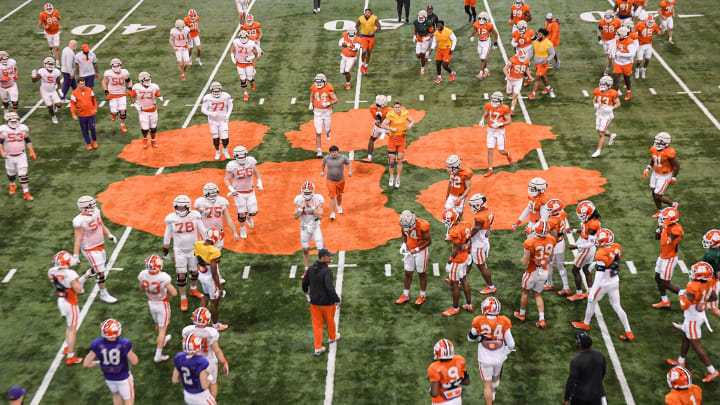 Mar 8, 2023; Clemson, South Carolina, USA; Clemson players gather at the paw before going outside the indoor facility, during the third day of spring practice at the football Complex. Mandatory Credit: Ken Ruinard-USA TODAY Sports