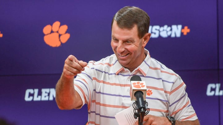 Clemson head coach Dabo Swinney talks during the Clemson football Media Outing & Open House at the Allen N. Reeves Football Complex in Clemson, S.C. Tuesday, July 16, 2024.