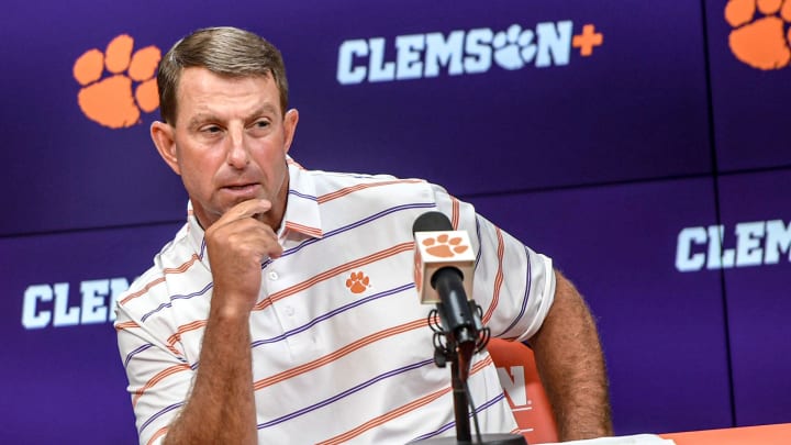 Clemson head coach Dabo Swinney talks during the Clemson football Media Outing & Open House at the Allen N. Reeves Football Complex in Clemson, S.C. Tuesday, July 16, 2024.