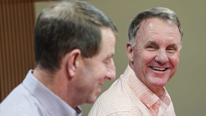 Chad Morris, right, is introduced as Clemson football Offensive Coordinator by coach Dabo Swinney, during a press conference in the Smart Family Media Center in Clemson, SC, Friday, Jan 23 2026.