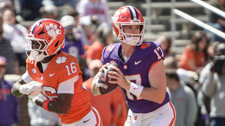 Clemson quarterback Christopher Vizzina (17) throws near running back Chris Johnson Jr (16) during the first half at the annnual Clemson Orange and White spring game at Memorial Stadium in Clemson, South Carolina Saturday, March 28, 2026.