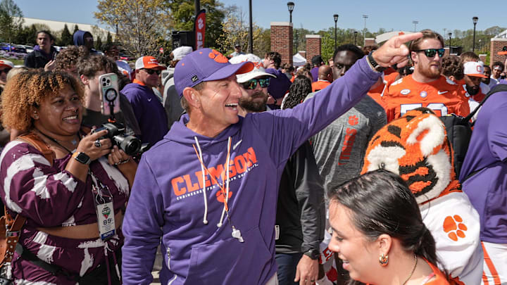 Clemson head coach Dabo Swinney during Tiger Walk before the annnual Clemson Orange and White spring game at Memorial Stadium in Clemson, South Carolina Saturday, March 28, 2026.