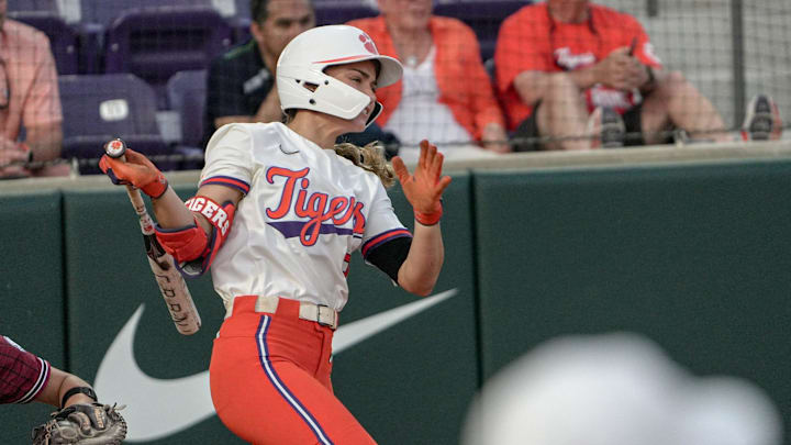 Clemson senior Jamison Brockenbrough (9) hits a single against South Carolina during the bottom of the sixth inning at McWhorter Stadium in Clemson Tuesday, April 14, 2026.