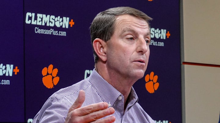 Clemson football Head Coach Dabo Swinney details events of transfer portal Luke Ferrelli and “tampering” with signed players, next to Atheletic Director Graham Neff during a press conference in the Smart Family Media Center in Clemson, SC, Friday, Jan 23 2026.