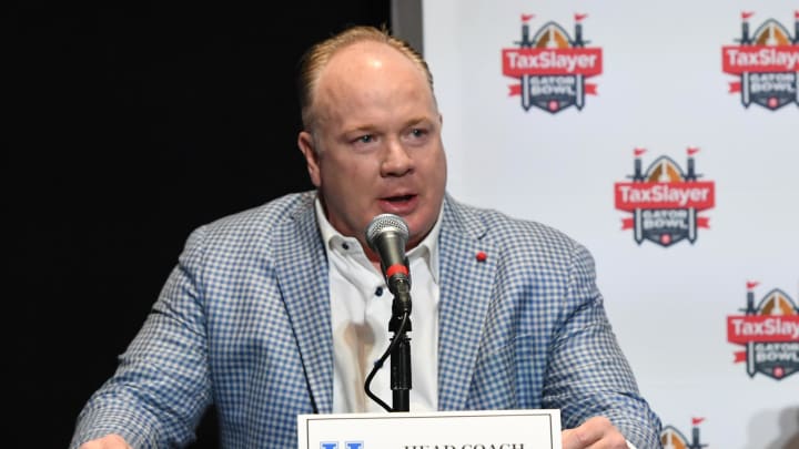 Kentucky Head Coach Mark Stoops talks with media at the TaxSlayer Gator Bowl Press Conference at EverBank Stadium in Jacksonville, Florida, Thursday, December 28, 2023.