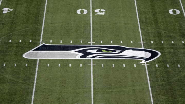 Aug 25, 2017; Seattle, WA, USA; General overall view of Seattle Seahawks logo at CenturyLink Field