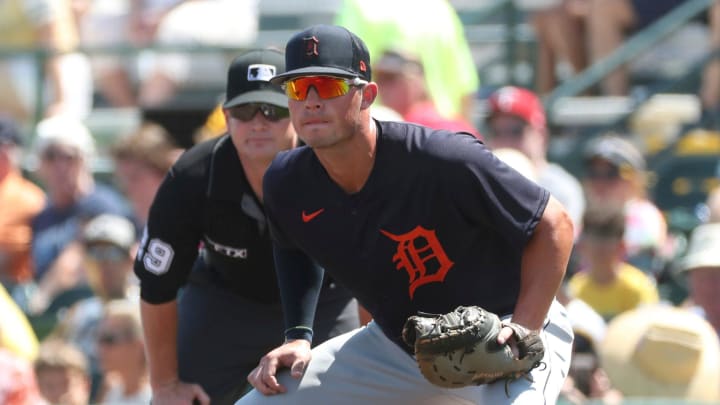 Tigers first baseman Spencer Torkelson gets in position vs. the Pittsburgh Pirates at LECOM Park