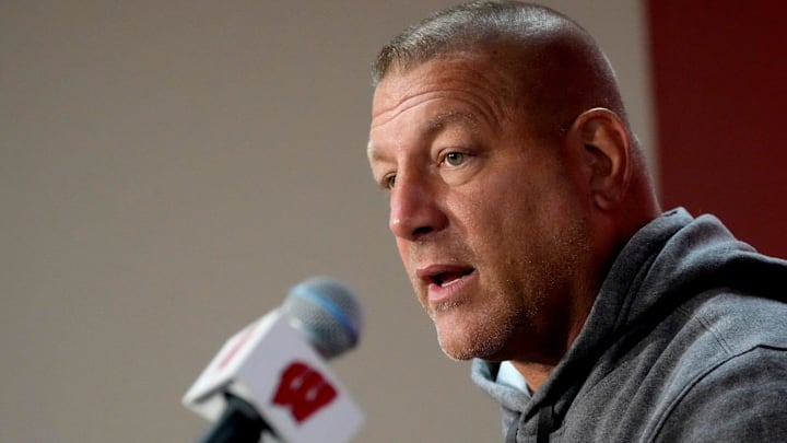 Wisconsin Badgers offensive Coordinator Phil Longo answers questions during Wisconsin Badgers football media day at Camp Randall Stadium in Madison on Tuesday, Aug. 1, 2023.